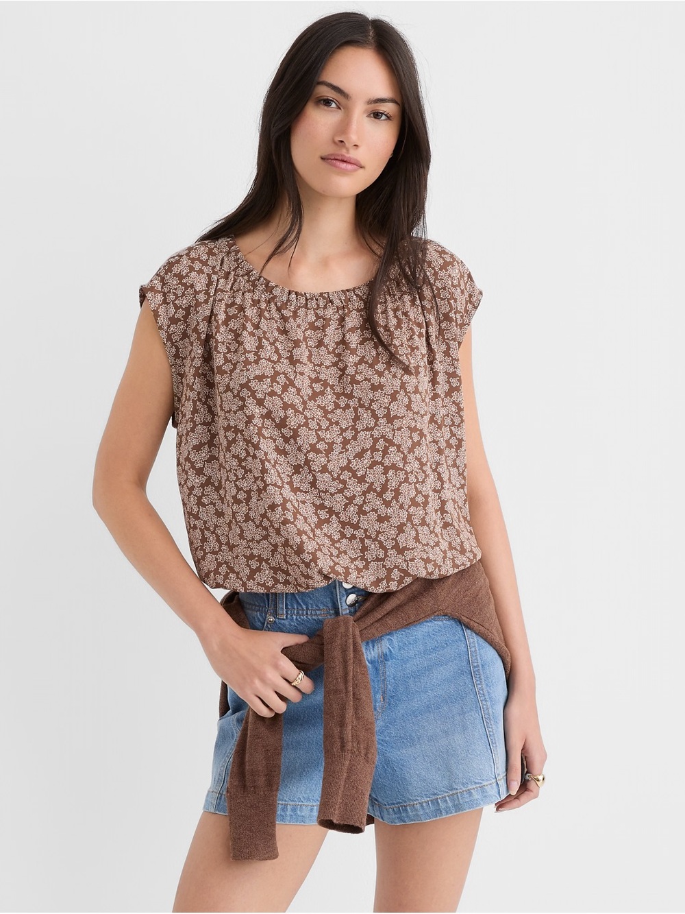 LOFT Floral Bubble-Hem Mixed Media Blouse